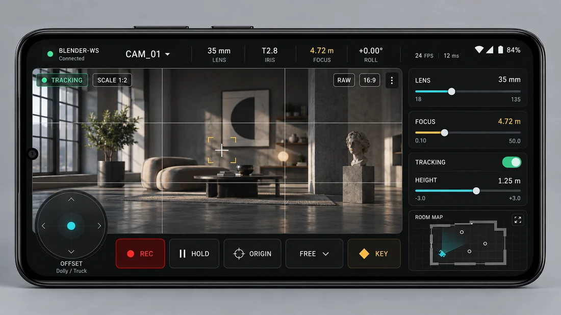 LampenCam interface concept showing a Blender scene, lens controls and a recording button on an Android phone